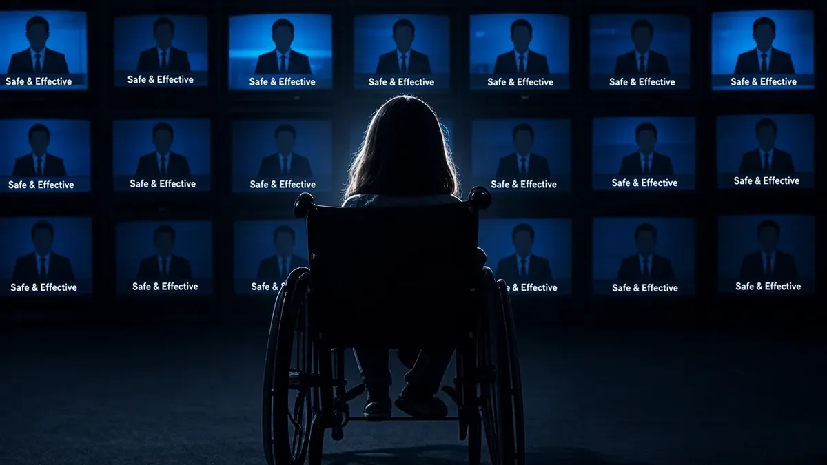 Illustration of a girl in a wheelchair facing a wall of TV screens, from MaddiesTrial.com